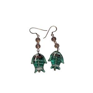 Handcrafted Glass Fish Earrings Beaded Accents Green & Clear Colors - Unique Oce